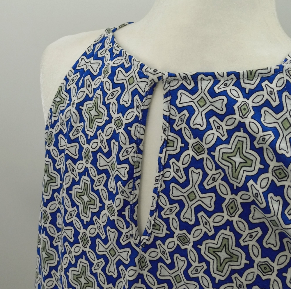 Boden Racer Neck Sundress Size 12L Blue White Heron Flora Tile Print Side Slit - Picture 9 of 12